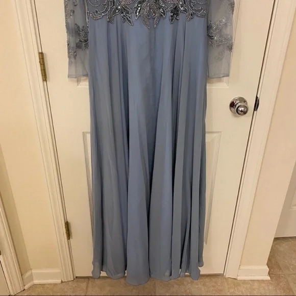 XSCAPE Petite Sequin Embellished Long Sleeve BoatNeck Chiffon Gown in Dusty Blue - Picture 10 of 10